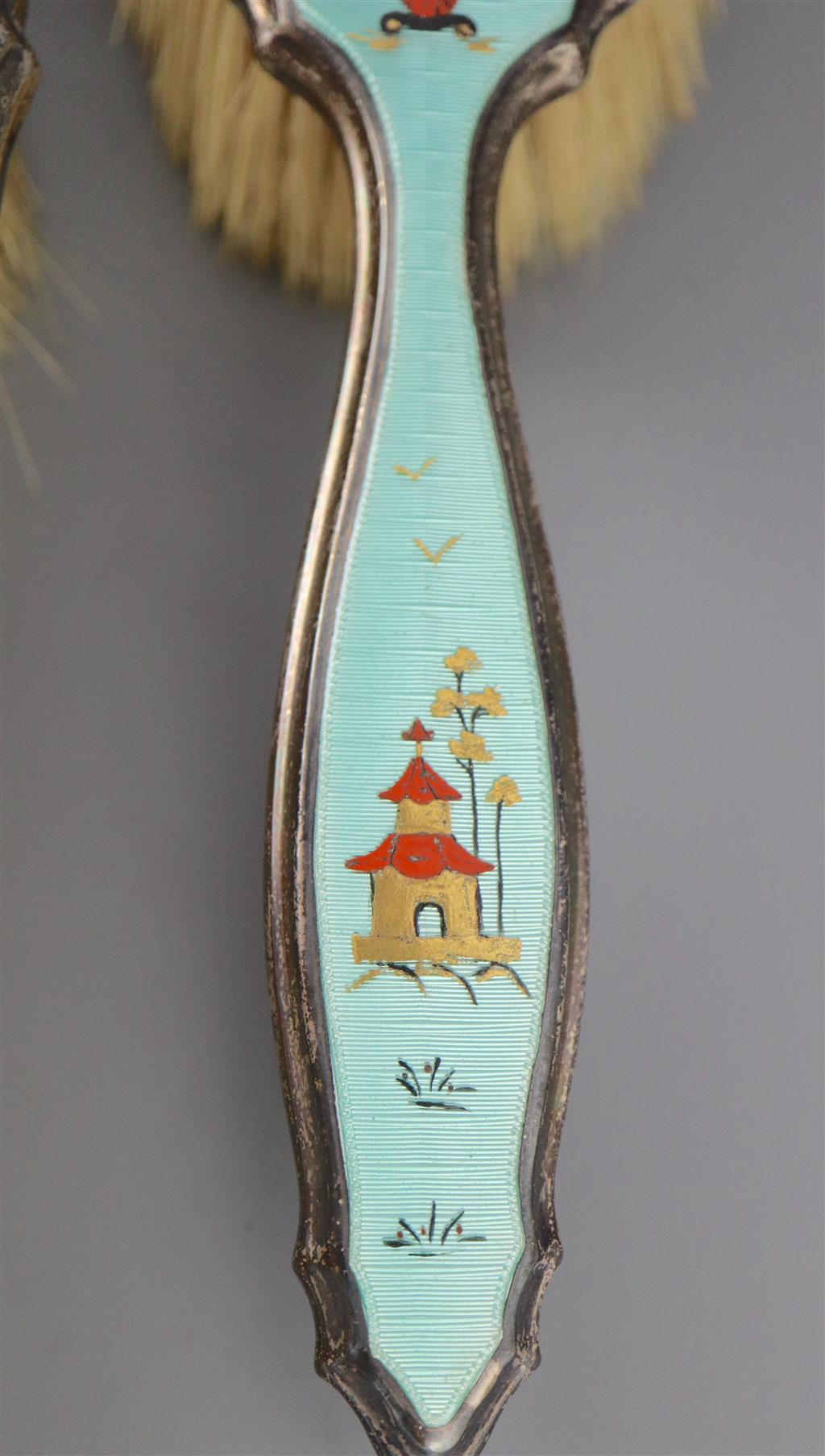 A 1920s silver and gilded chinoiserie guilloche enamel eight piece dressing table set, by Adie Bros,